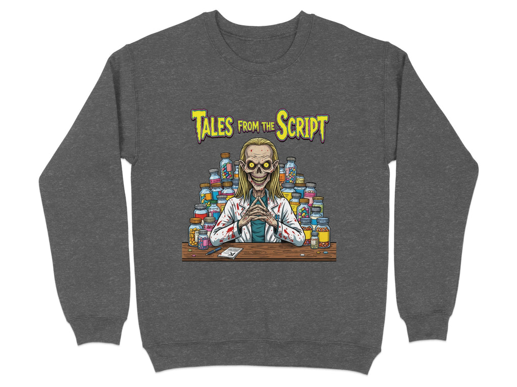 Creepy scientist with bottles behind him, "Tales from the Script" title.