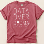 Red t-shirt with "DATA OVER DOGMA" text and a pill icon.