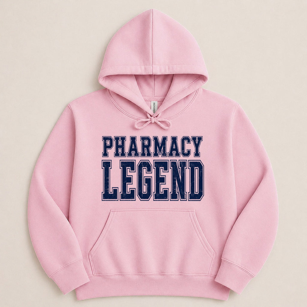 Pink hoodie with "Pharmacy Legend" in navy blue collegiate-style lettering.