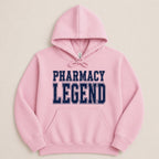 Pink hoodie with "Pharmacy Legend" in navy blue collegiate-style lettering.