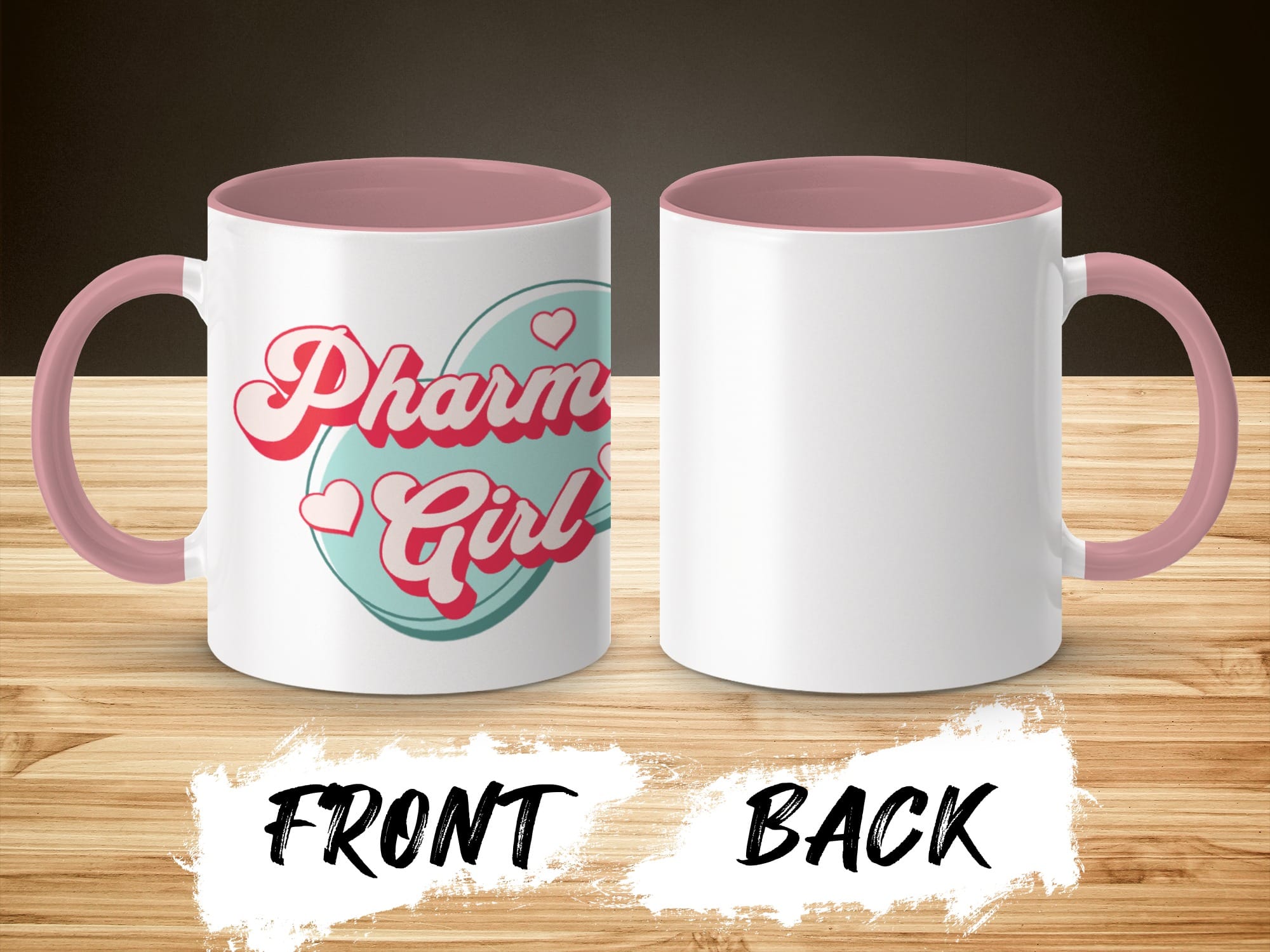 Mug with "Pharm Girl" text and heart design on front, plain back.