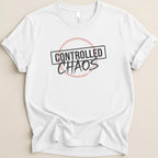 White t-shirt with "CONTROLLED CHAOS" in a black rectangle with a pink outline.