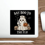 Ghost nurse costume saying "Say Boo to The Flu" with Halloween decorations.