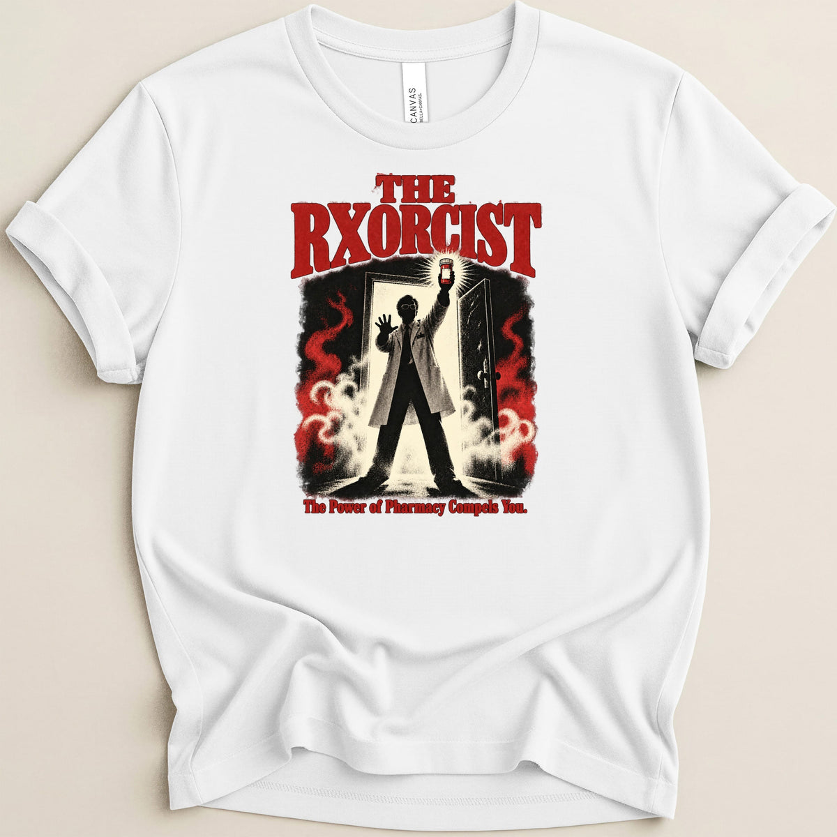 White t-shirt with The Rxorcist title and a doctor holding a pill bottle.