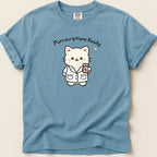 Cat wearing a lab coat holding an Rx bottle, text "Purr-scriptions Ready".