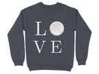 Dark gray sweatshirt with "LOVE" and a white pill replacing the "O".