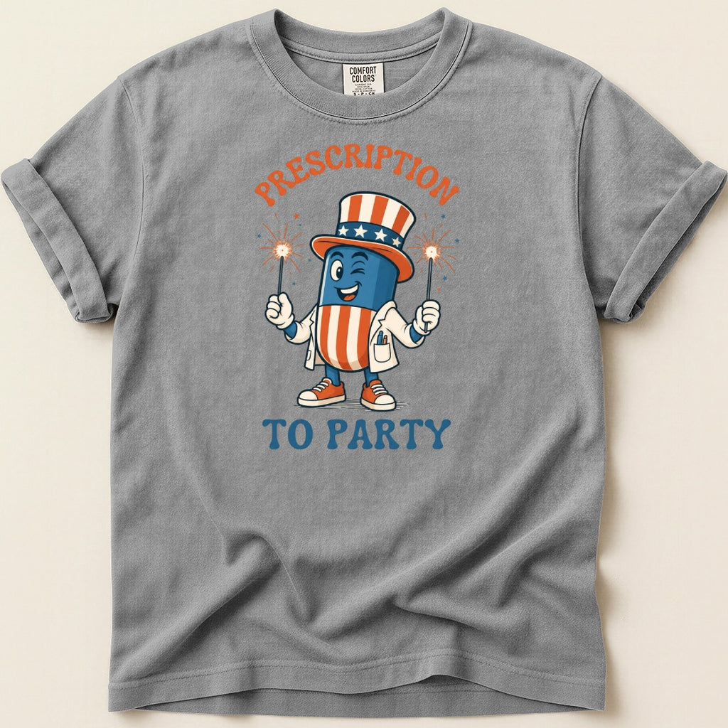 T-shirt graphic of a smiling pill character wearing a patriotic hat and holding sparklers.