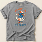 T-shirt graphic of a smiling pill character wearing a patriotic hat and holding sparklers.