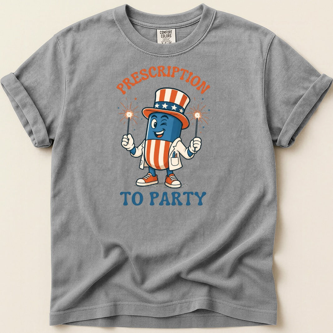 T-shirt graphic of a smiling pill character wearing a patriotic hat and holding sparklers.