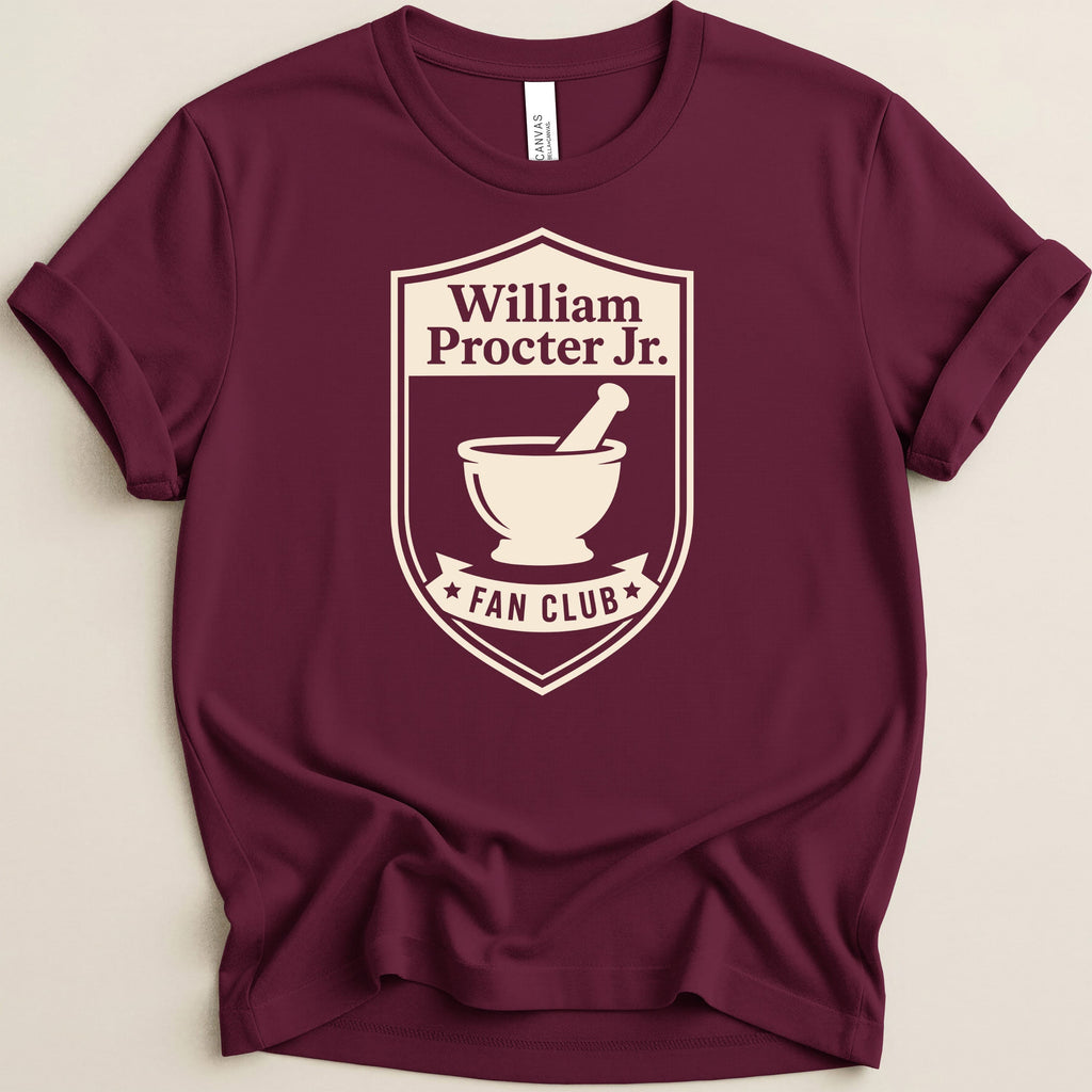Maroon t-shirt with William Procter Jr. Fan Club crest and mortar and pestle graphic.