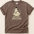 Brown t-shirt with a cartoon man thinking, "What Would Procter Do?".
