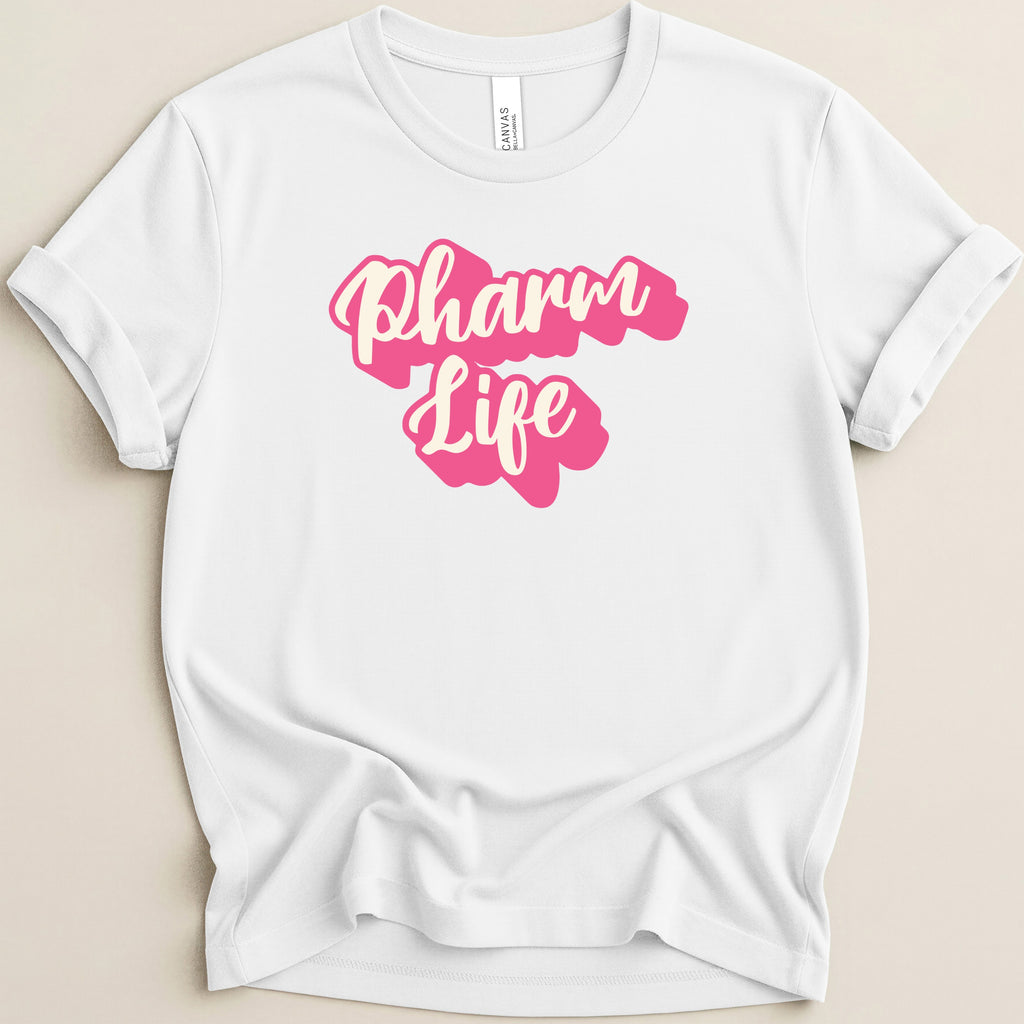 White t-shirt with pink text "Pharm Life" across the chest.