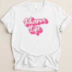 White t-shirt with pink text "Pharm Life" across the chest.