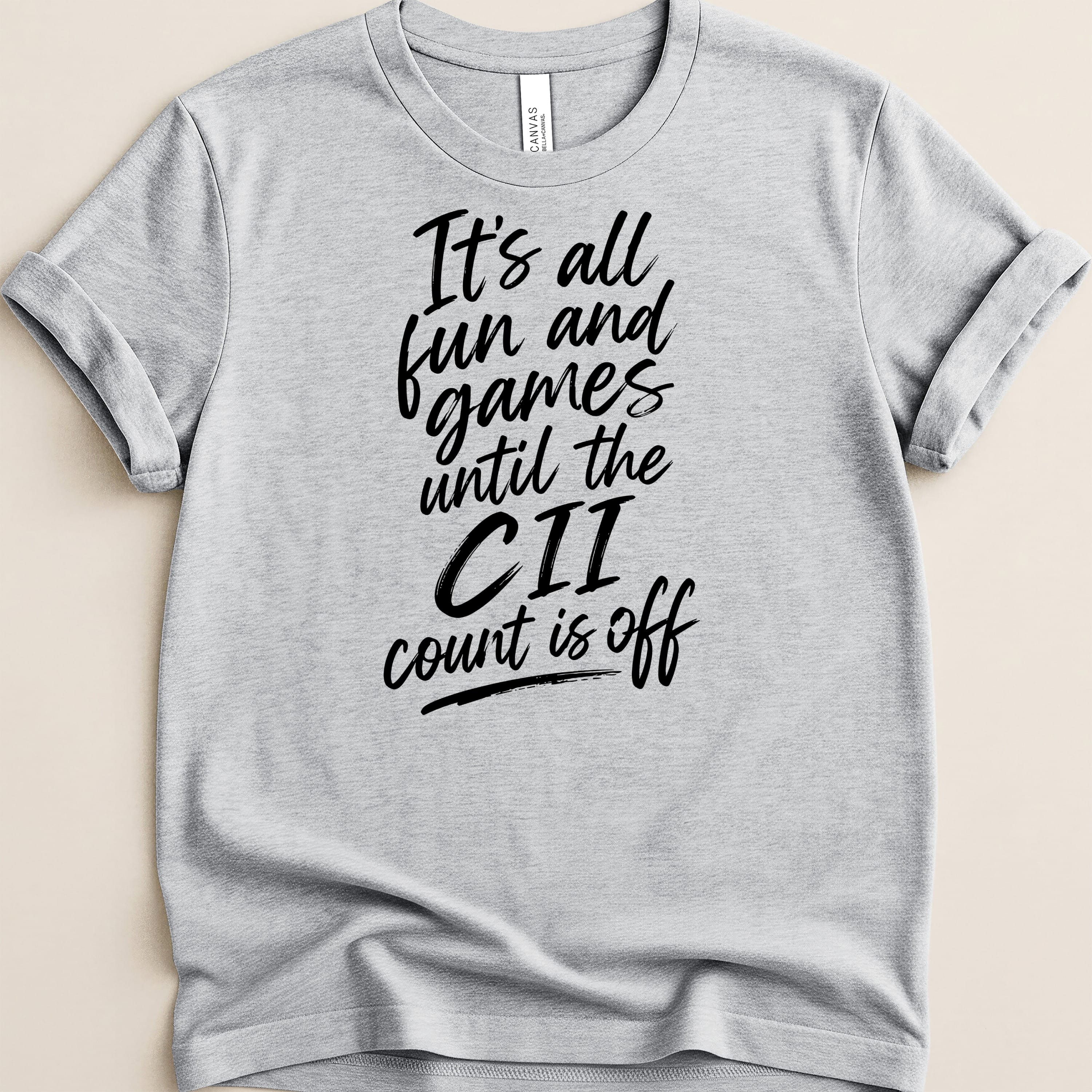 Grey t-shirt with black text "It's all fun and games until the CII count is off".