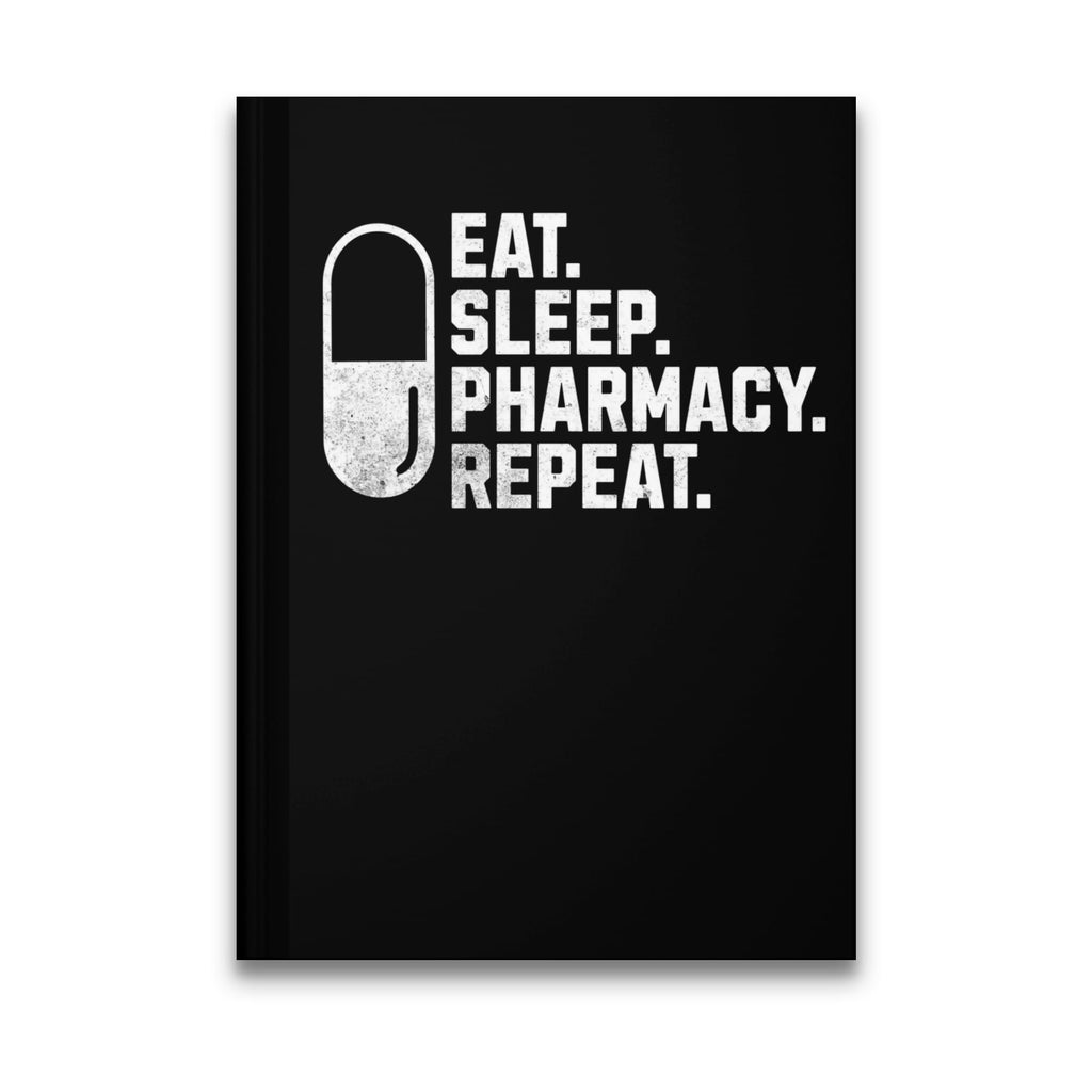 Black notebook with "EAT. SLEEP. PHARMACY. REPEAT." text and pill icon.