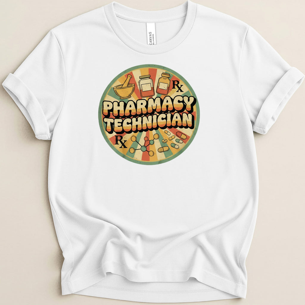 Retro circle logo with mortar, pestle, RX symbol, and pills for pharmacy technician.