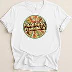 Retro circle logo with mortar, pestle, RX symbol, and pills for pharmacy technician.