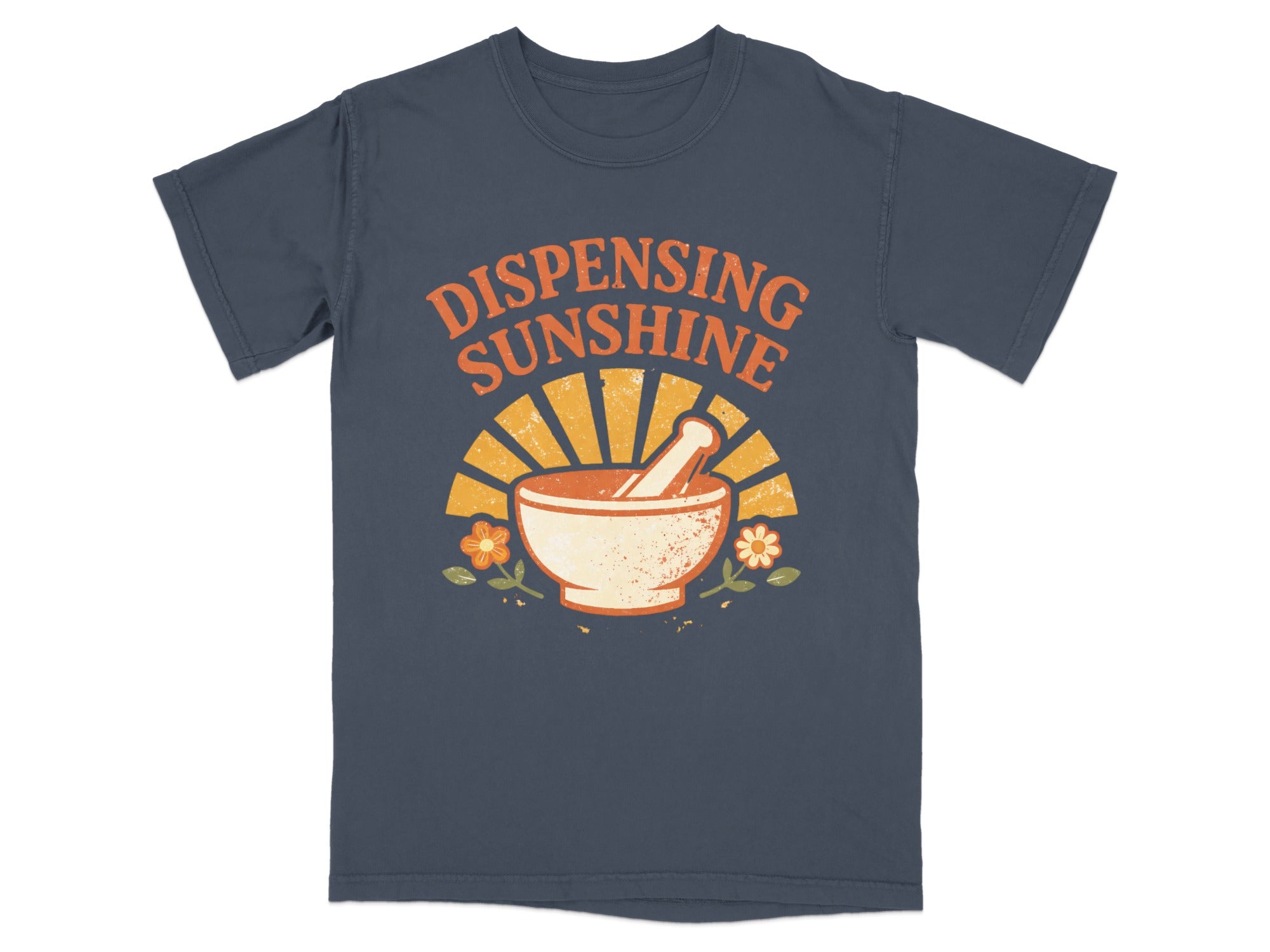 Graphic tee with mortar and pestle, sun, and "Dispensing Sunshine" text.