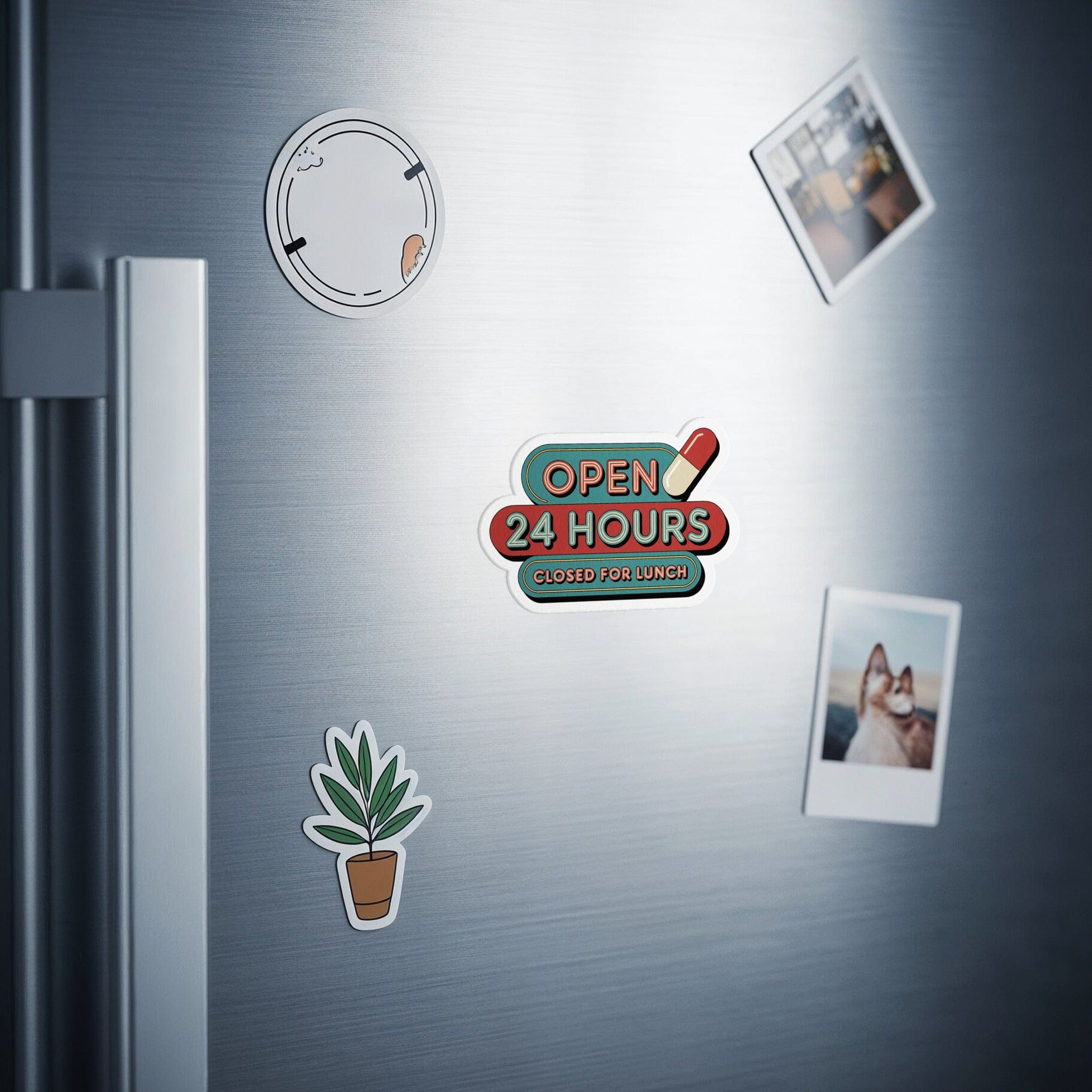 Open 24 Hours Closed for Lunch Refrigerator Magnet product