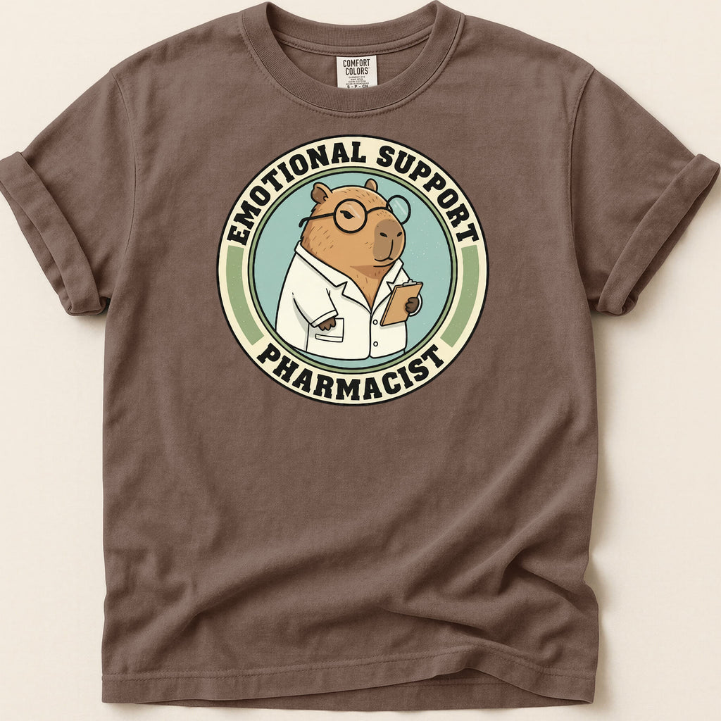 Capybara wearing lab coat and glasses, text "Emotional Support Pharmacist".