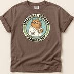 Capybara wearing lab coat and glasses, text "Emotional Support Pharmacist".