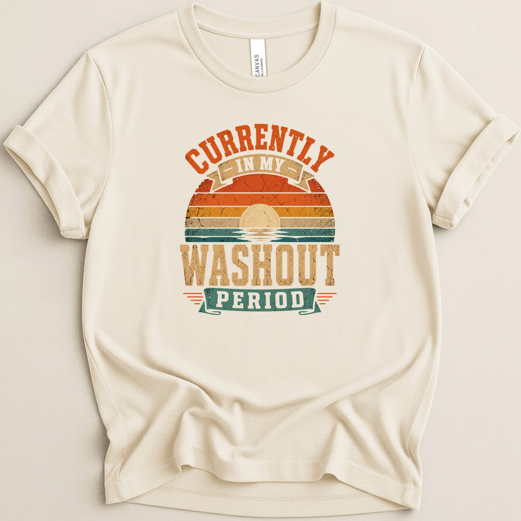 Cream t-shirt with retro sunset graphic and "Currently in my washout period" text.