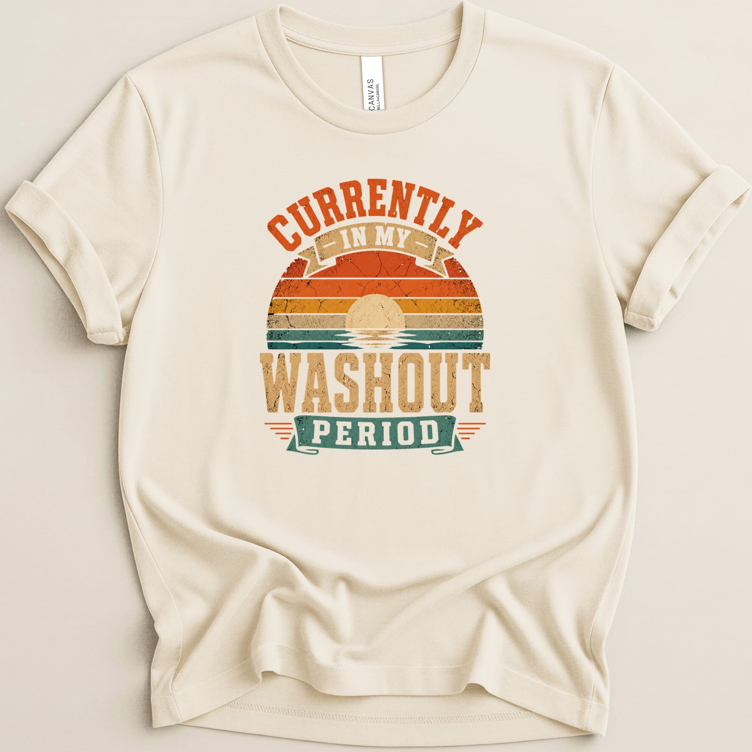 Cream t-shirt with retro sunset graphic and "Currently in my washout period" text.