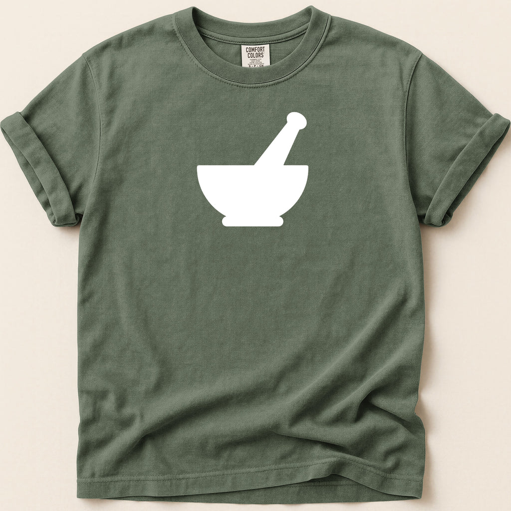 Green t-shirt with white mortar and pestle graphic and Comfort Colors tag.