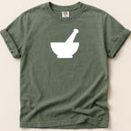 Green t-shirt with white mortar and pestle graphic and Comfort Colors tag.