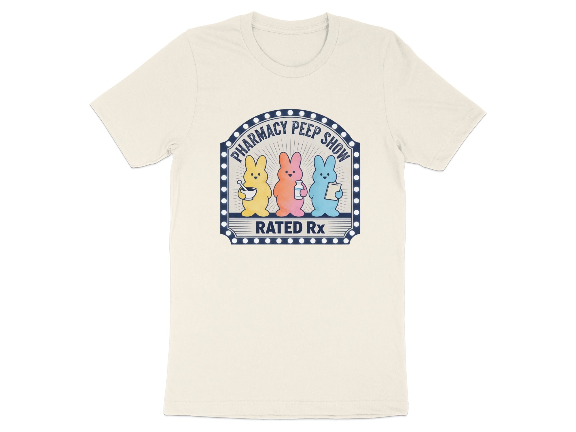 Pharmacy Peep Show t-shirt with three Peeps: yellow, pink, and blue.