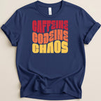 Navy t-shirt with "CAFFEINE CODEINE CHAOS" in red, orange, and yellow text.