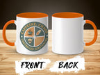 White mug with orange handle and interior, featuring "Caffeine, Chaos, Controlled Substances" graphic.