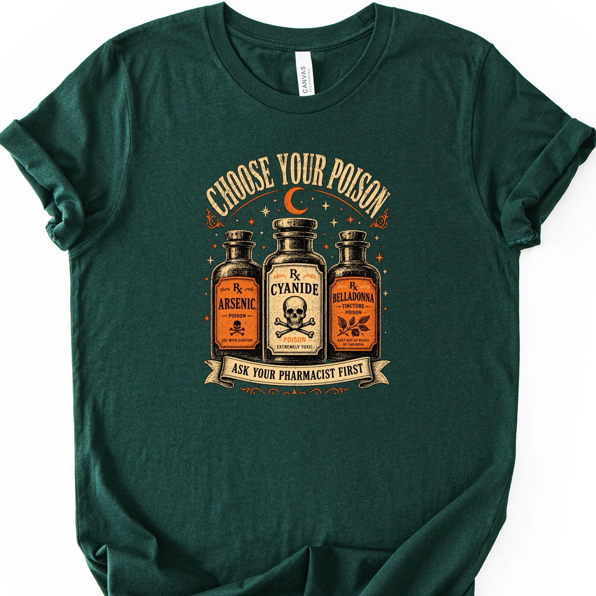 Choose your poison text with three potion bottles: Arsenic, Cyanide, and Belladonna.