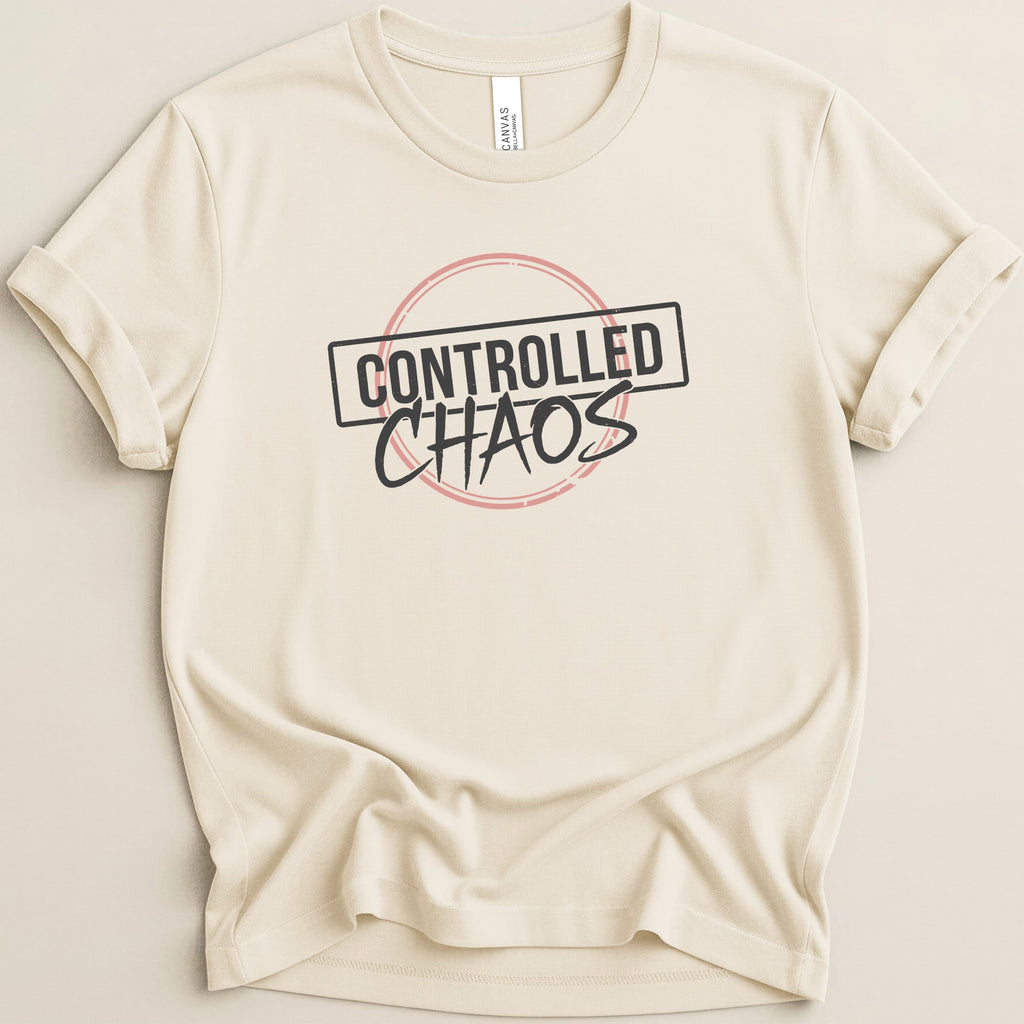 Cream t-shirt with "CONTROLLED CHAOS" text in a circular red and black graphic.