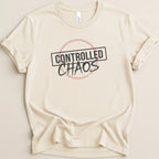 Cream t-shirt with "CONTROLLED CHAOS" text in a circular red and black graphic.