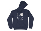 Navy blue hoodie with "LOVE" printed in white, one "O" replaced with a pill.