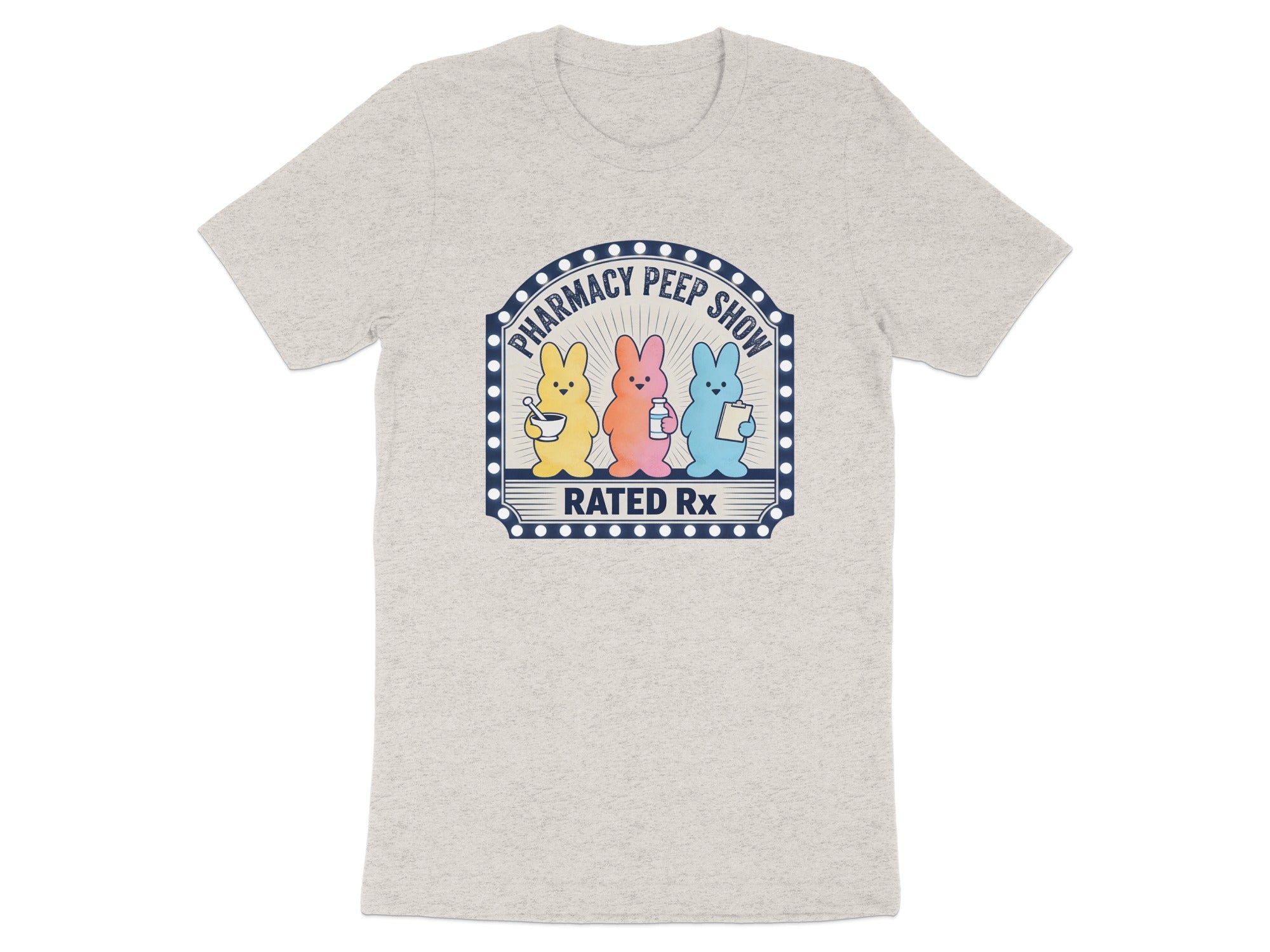 Peeps bunnies in pharmacy show logo, one holding prescription.