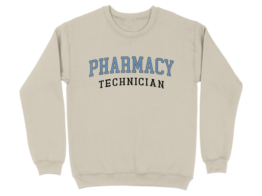 Beige crewneck sweatshirt with "PHARMACY TECHNICIAN" in blue collegiate text.