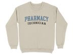 Beige crewneck sweatshirt with "PHARMACY TECHNICIAN" in blue collegiate text.