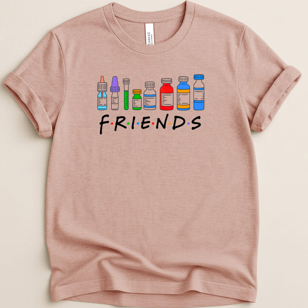 "Friends" TV show logo with medical vials instead of letters on a pink t-shirt.