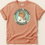 Capybara wearing glasses and lab coat, "Emotional Support Pharmacist" text.