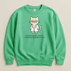 Green sweatshirt with a cartoon cat wearing a lab coat and glasses.