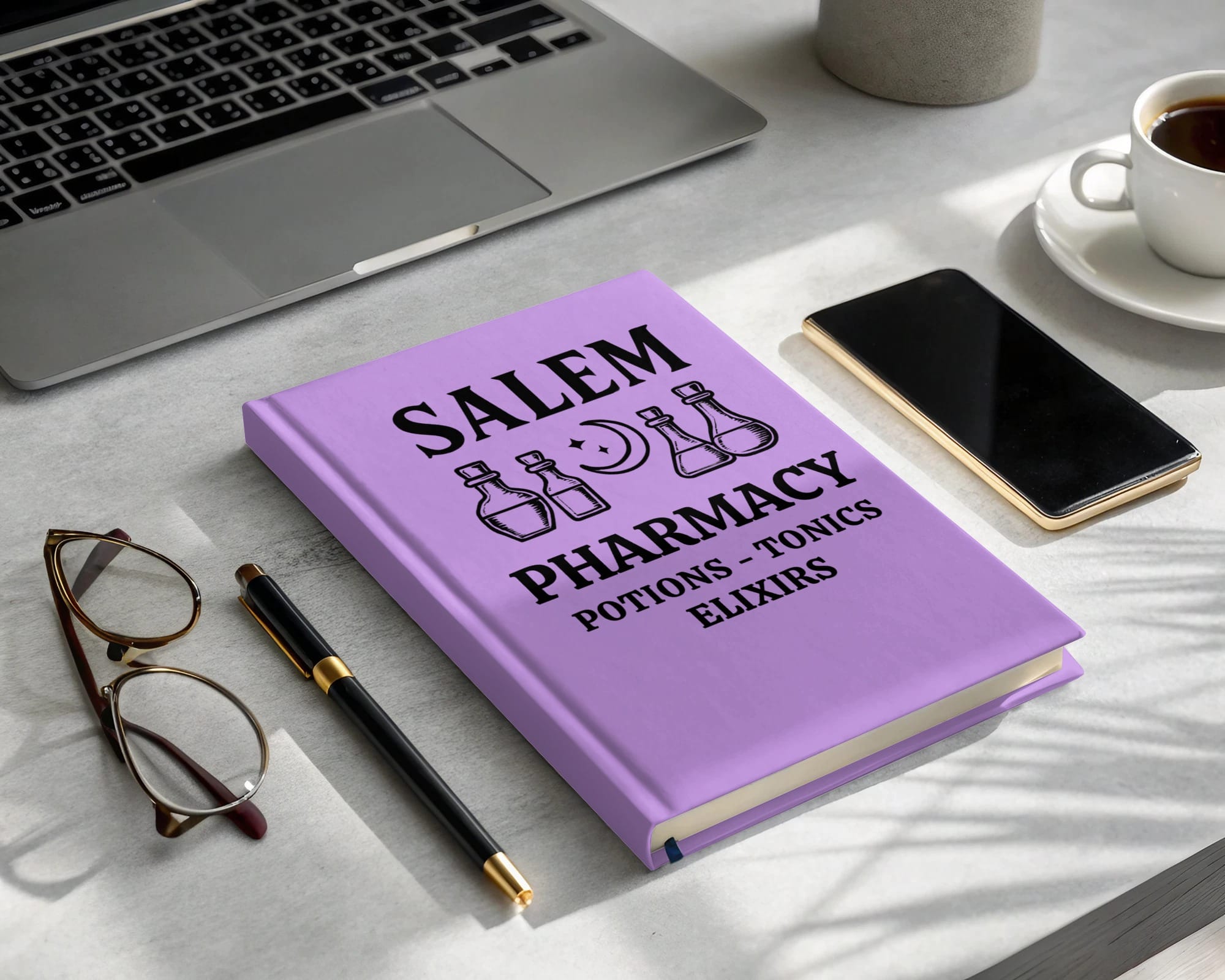 Purple notebook labeled "Salem Pharmacy Potions - Tonics Elixirs" on desk.