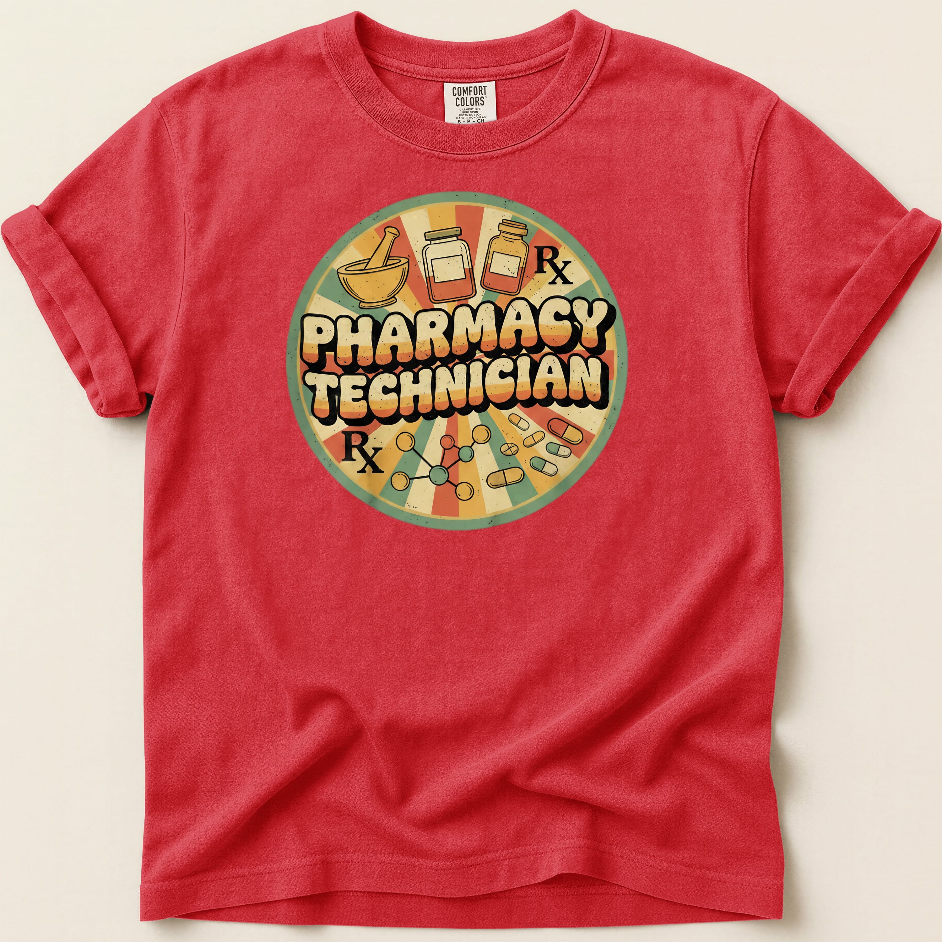 Pharmacy Technician Rx graphic on red Comfort Colors t-shirt.
