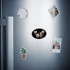 Ovals with cartoon probiotics and antibiotics holding signs on a refrigerator.