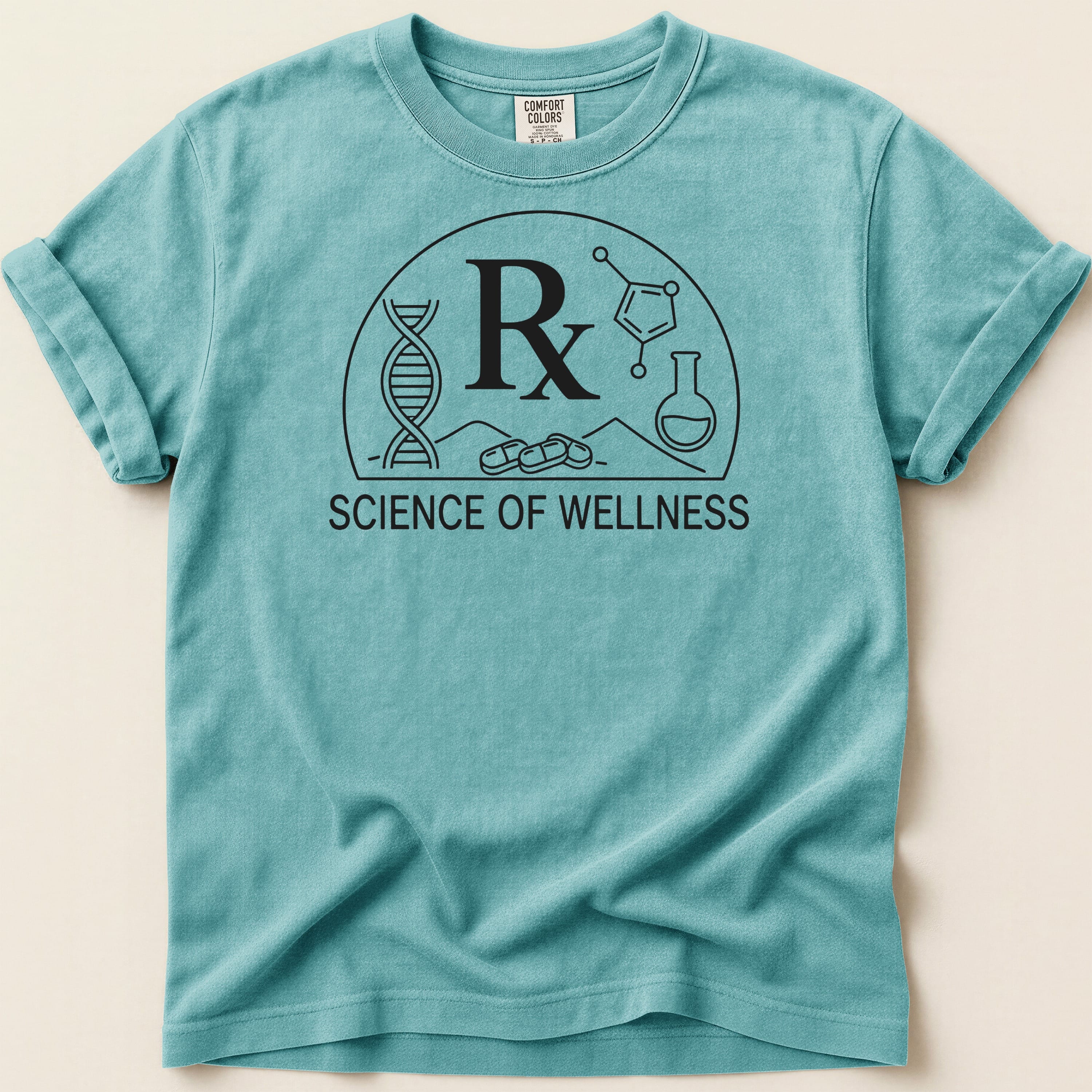 T-shirt with "Science of Wellness" text and science graphic.
