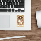 Tarot card with pharmacist skeleton holding vial, detailed border.