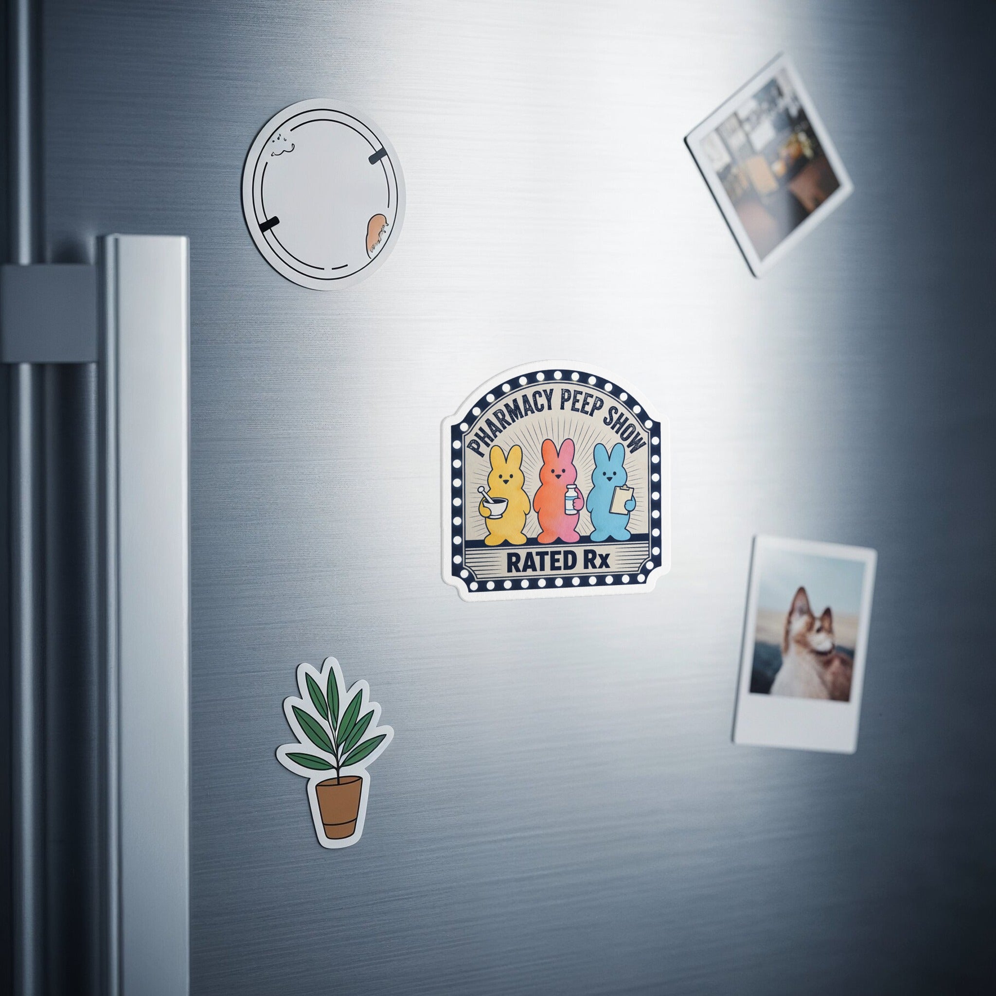 Peeps candies at a Pharmacy Peep Show, rated Rx, on a refrigerator.