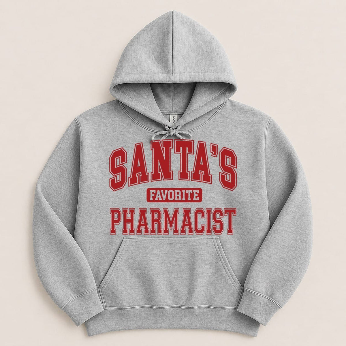 A gray hooded sweatshirt featuring the red collegiate text Santa's Favorite Pharmacist centered on the chest.