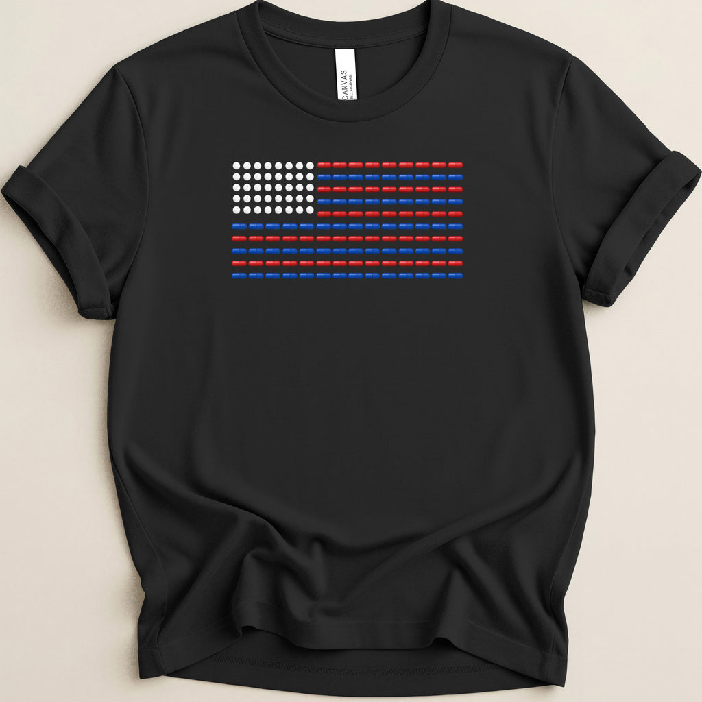 Black t-shirt with a U.S. flag design made of red, white, and blue rectangles.